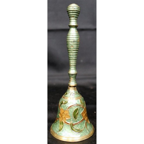 7.5" Cloisonné Metal Hand Bell Green & Gold Floral Decorative Made In India - Picture 1 of 8